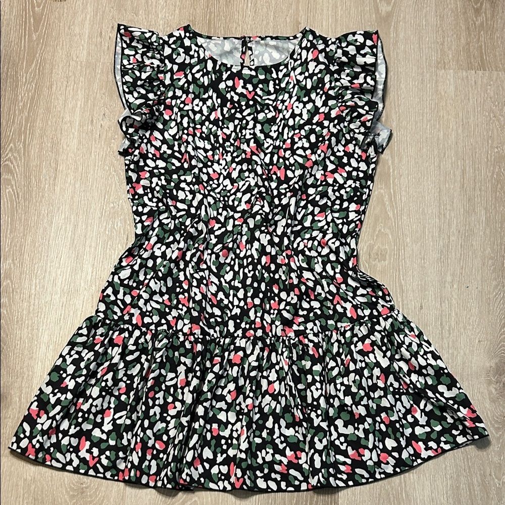 Multicolored Patterned Ruffle Sleeve and Hem Dress